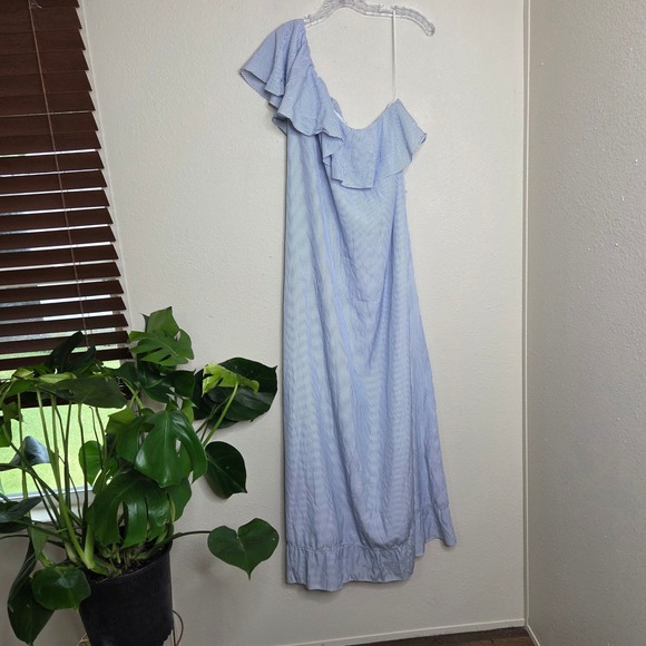 Banana Republic Maxi Dress Womens XL One Shoulder Blue White Striped Ruffle - Picture 2 of 8